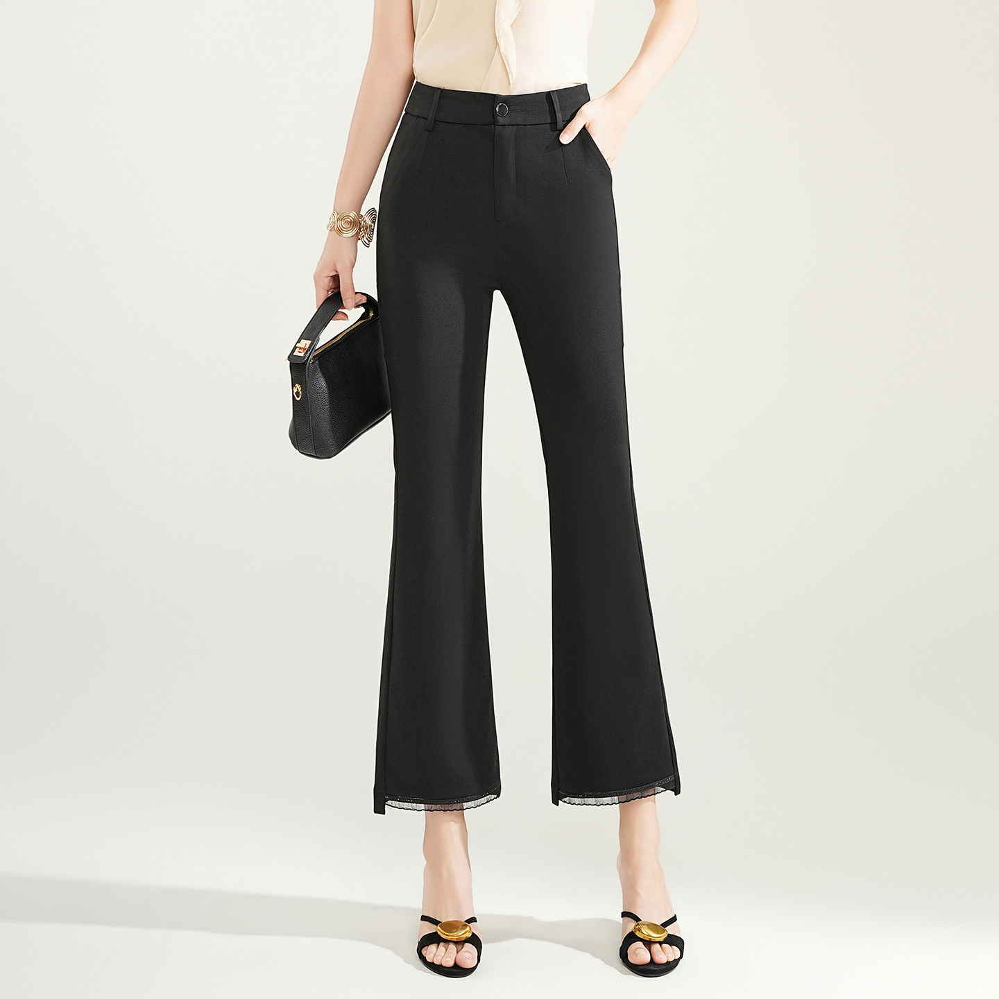 黑色微喇九分裤女夏薄款2026新款显瘦小个子阔腿休闲西装裤喇叭裤