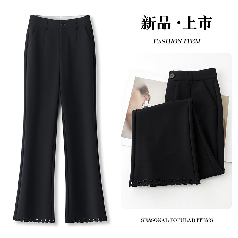 小个子微喇裤2026春季新款百搭黑色设计感镂空垂感西装微喇九分裤