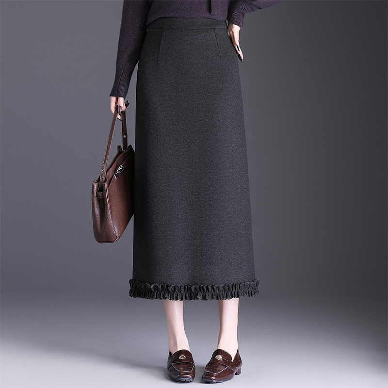 灰色木耳花边毛呢半身裙女秋冬新款高腰中长款包臀裙过膝直筒长裙