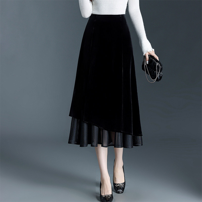 高级感网纱边金丝绒半身裙女秋冬季新款不规则高腰显瘦a字裙长裙