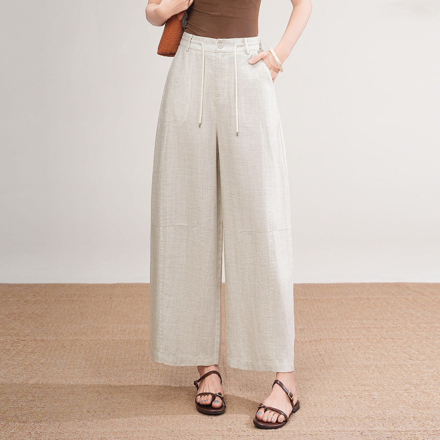 时尚显瘦阔腿裤九分裤女春夏季薄款高腰莱赛尔天丝亚麻裤子休闲裤