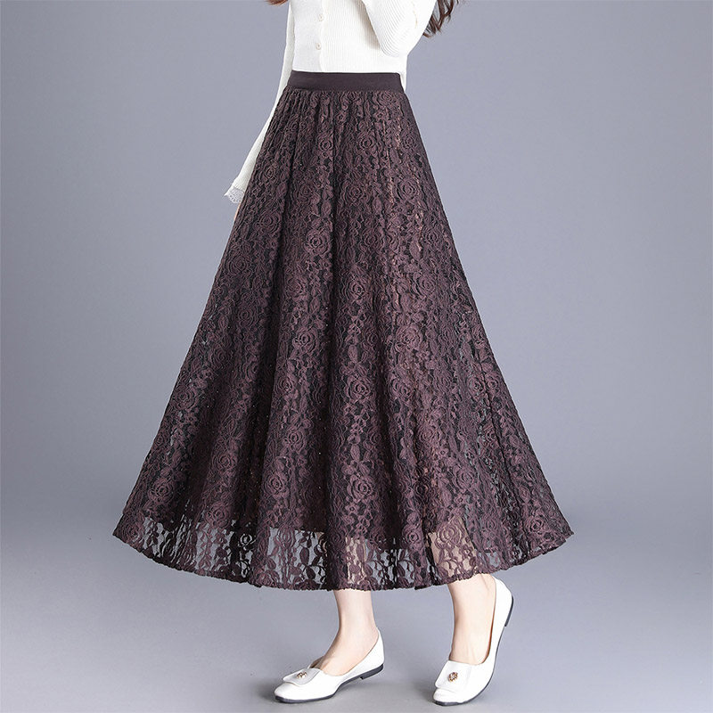 蕾丝半身裙女秋冬新款松紧腰大码遮肚子显瘦a字裙遮胯长裙大摆裙