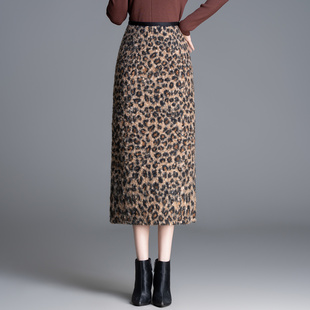 复古时尚豹纹圈圈毛呢半身裙女秋冬中长款高腰显瘦修身直筒包臀裙
