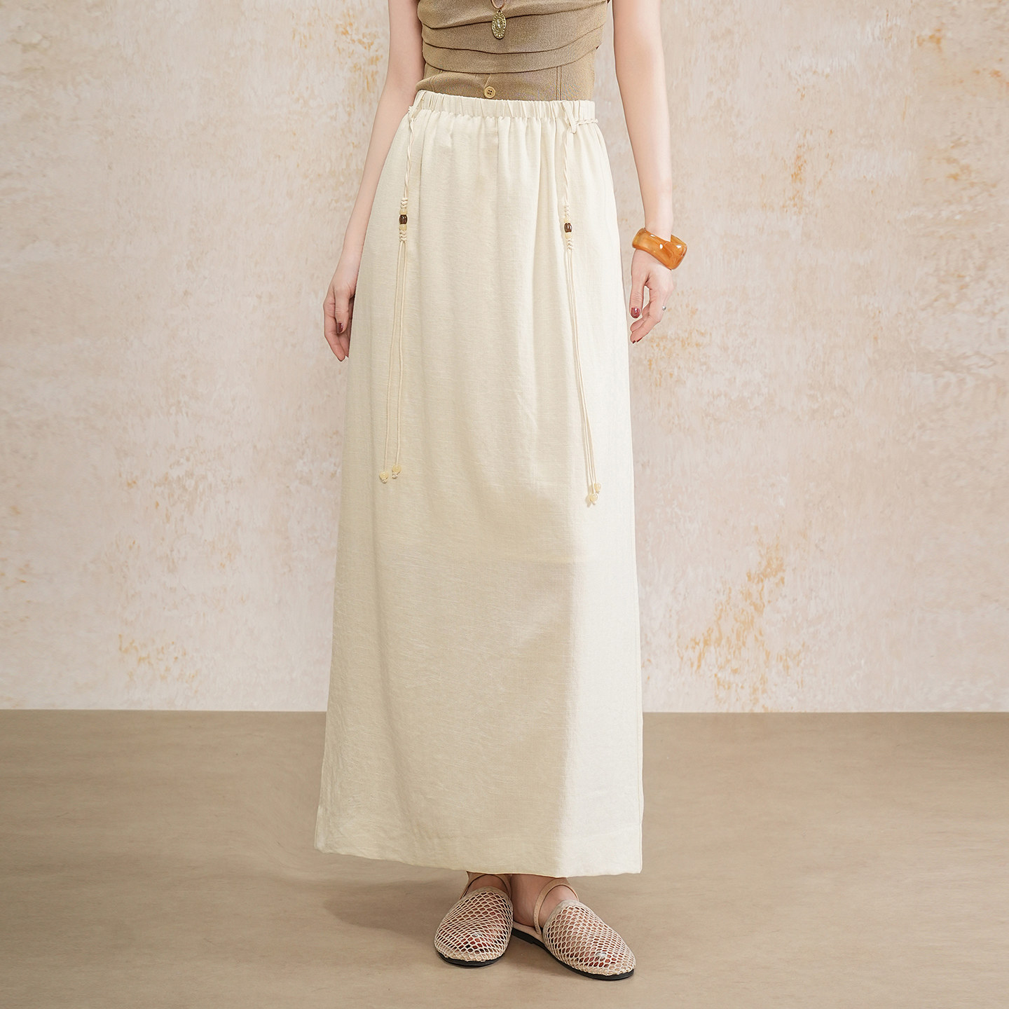 桑蚕丝亚麻长裙直筒裙女2026年春季新款休闲裙加长款到脚踝半身裙