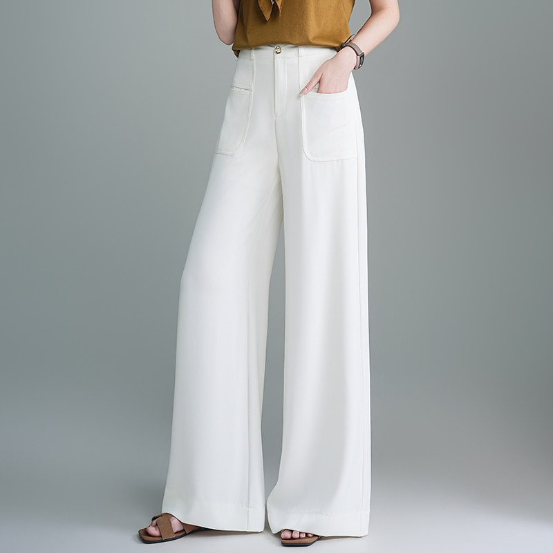 白色高端冰凉丝直筒阔腿裤女夏季薄款高腰垂感宽松休闲拖地西装裤