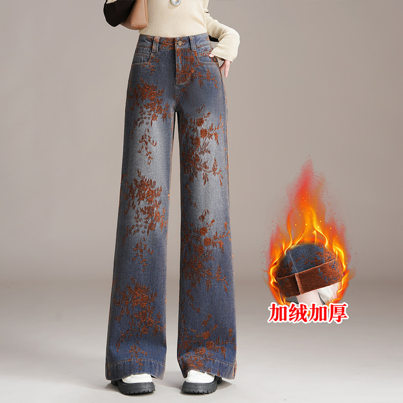 复古提花加绒牛仔裤女2025冬季新款高腰显瘦遮胯直筒喇叭裤阔腿裤