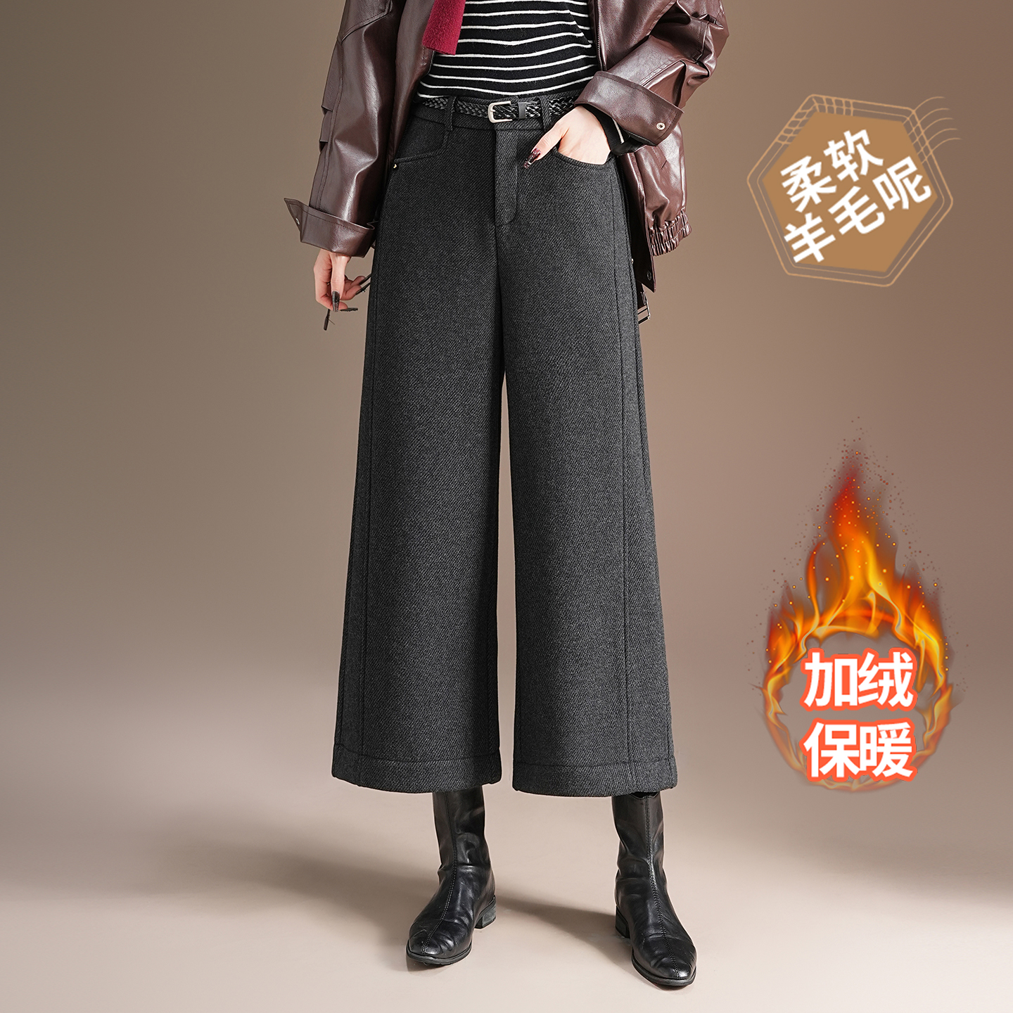 加绒醋酸羊毛呢阔腿八分裤女2025冬季新款保暖时尚气质九分直筒裤