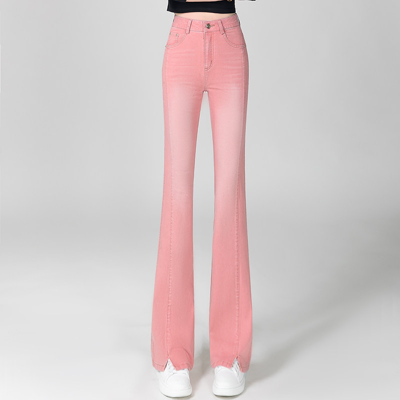 芭比粉高腰微喇牛仔裤女2026春季新款修身提臀显瘦喇叭开叉直筒裤