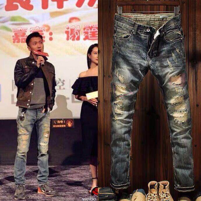 香港潮牌欧美破洞牛仔裤男春夏弹力修身小直筒乞丐裤补丁小脚长裤