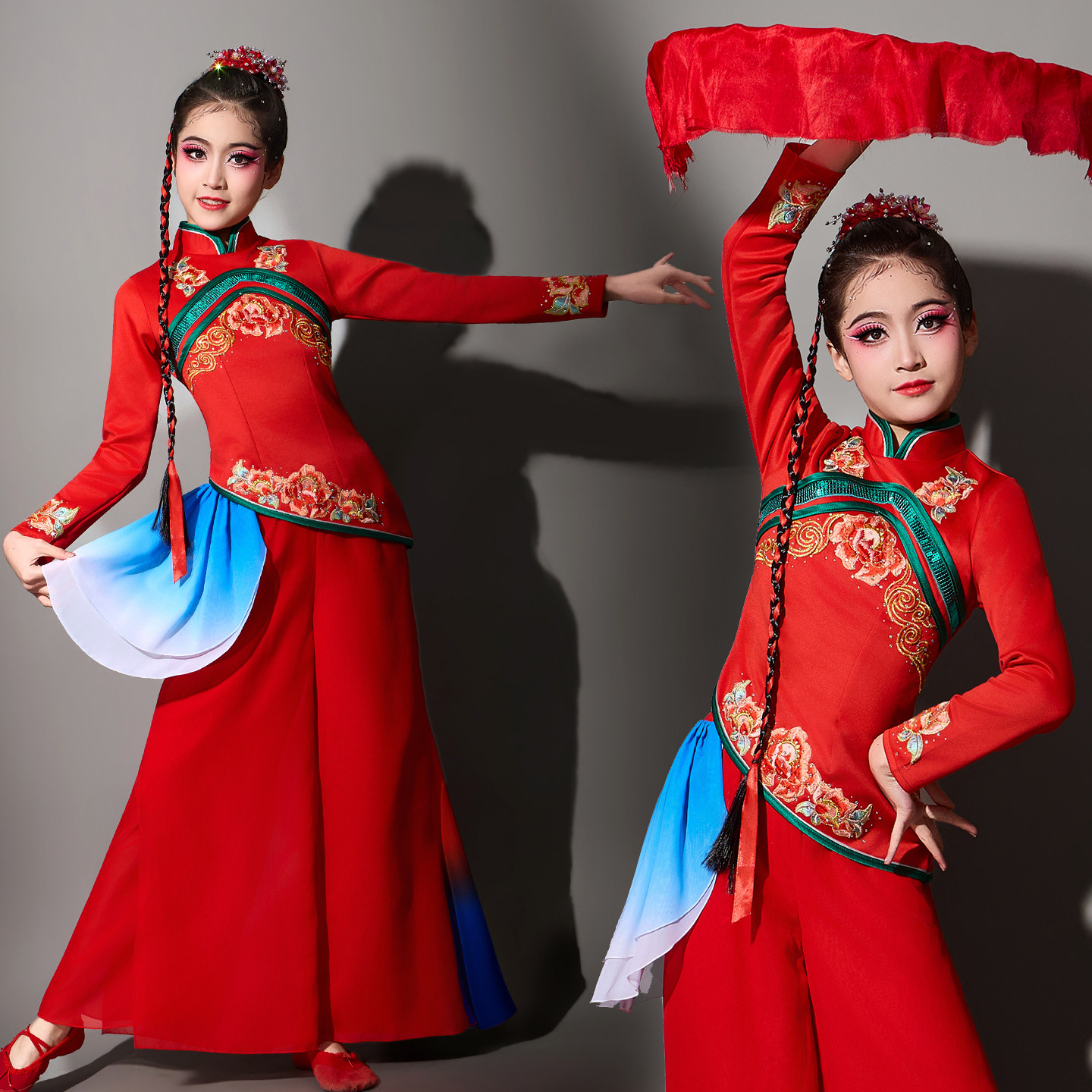 新款儿童红色中国风扇子舞舞蹈服装女童陜北扭秧歌服喜庆表演出服