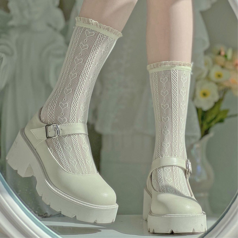 玛丽珍凉鞋白色短中筒袜子女潮ins蕾丝小腿外穿花边爱心夏季薄款