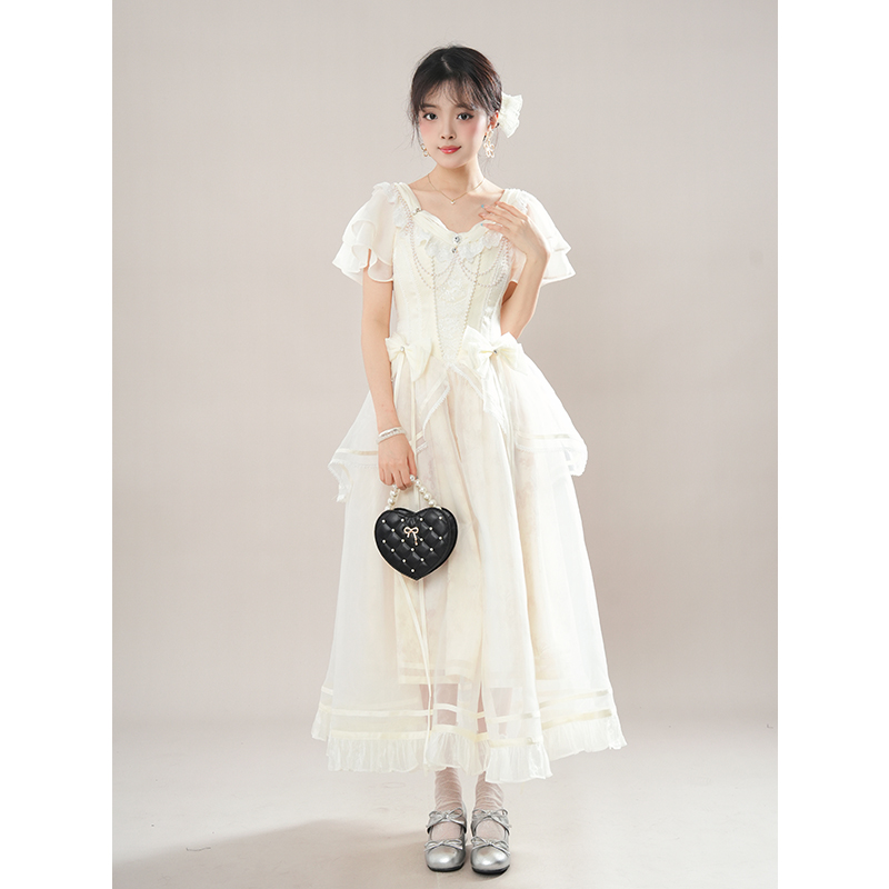 昭和白月光 夏装新款日系软妹lolita设计气质甜美短袖收腰连衣裙