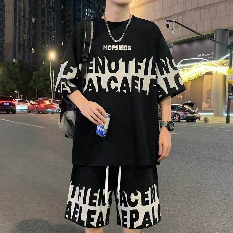 美式高街休闲套装男夏季潮牌大码穿搭一套衣服搭配短袖短裤两件套,男装,休闲运动套装,淘宝优惠券,粉丝福利购,淘宝优惠卷