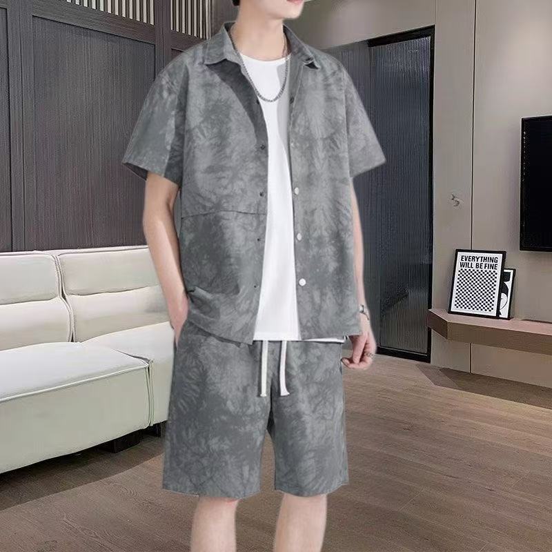 潮牌大码短袖衬衫短裤套装男