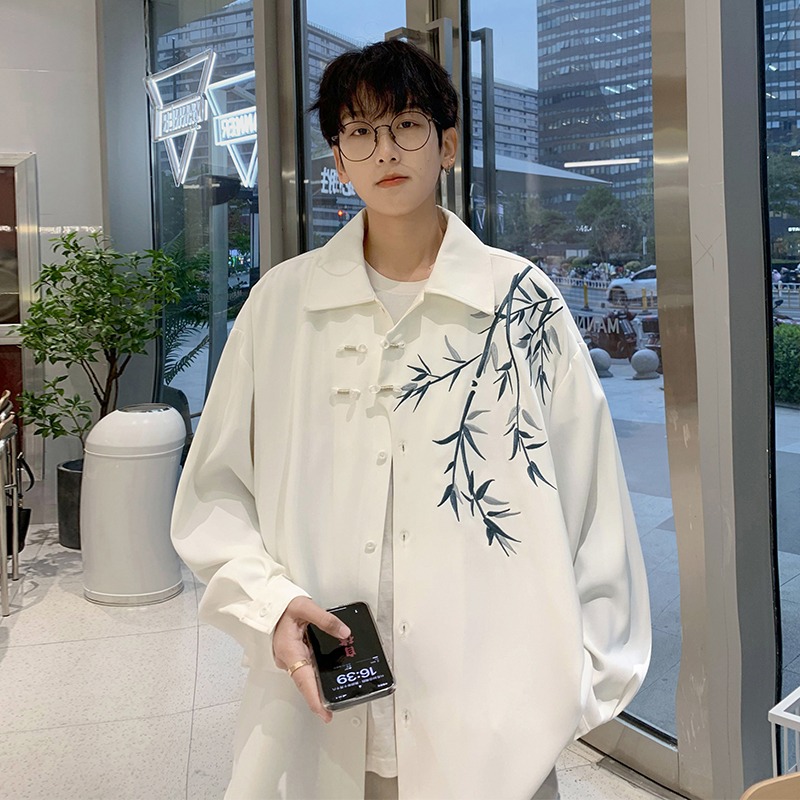 新中式男装中国风长袖衬衫春秋潮牌刺绣薄款外套学生宽松休闲衬衣
