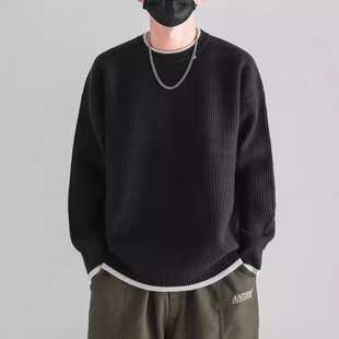 日系潮牌圆领毛衣男加厚长袖上衣秋冬季宽松打底羊毛针织衫外套潮