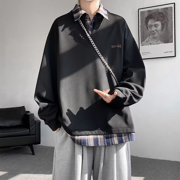 美式潮牌假两件套头卫衣男