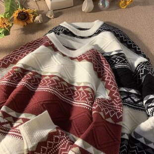 美式复古民族风拼色套头毛衣男秋冬宽松慵懒chic休闲条纹针织衫潮