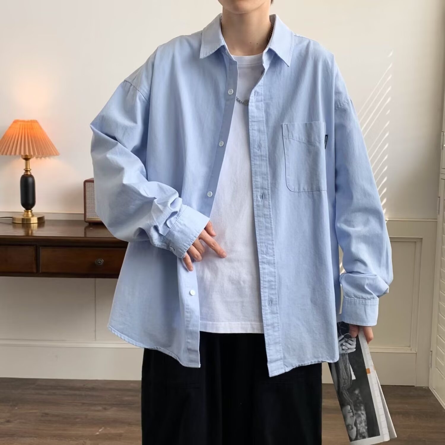 春夏季潮流百搭纯色长袖衬衫男