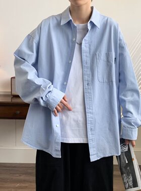 日系潮流文艺范蓝色外穿衬衫男长袖工装痞帅上衣春秋百搭衬衣外套