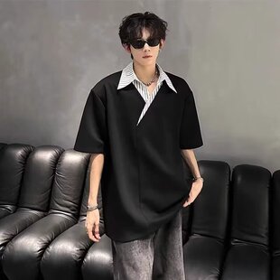 潮牌假两件拼接V领短袖T恤男夏季痞帅宽松条纹衬衫翻领半袖上衣服
