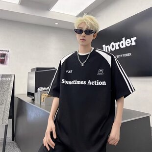 美式潮流机车风短袖t恤男夏季潮牌hiphop上衣拼接条纹印花半袖衫