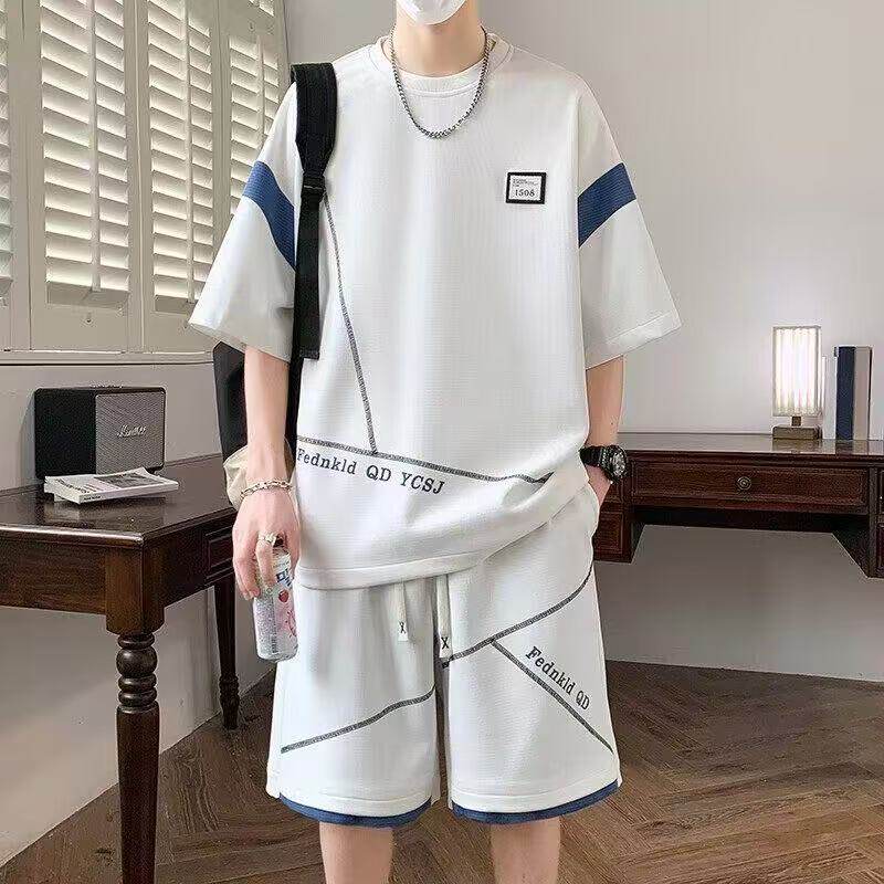 休闲运动套装男夏季潮牌大码宽松帅气一套衣服搭配短袖短裤两件套