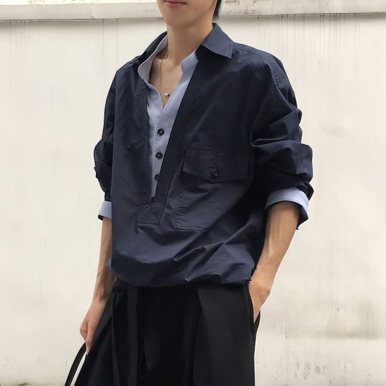 潮牌cleanfit假两件V领衬衫男