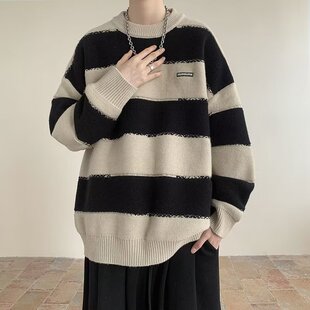 毛衣男秋冬季新款撞色拼接学院风线衣外套宽松条纹圆领套头针织衫