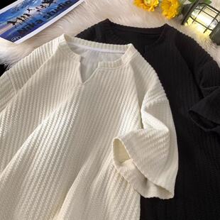 美式潮流肌理感条纹短袖T恤男夏季复古潮牌宽松小V领半袖体恤衫潮