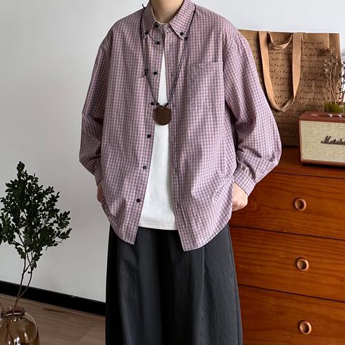 美式潮牌cleanfit格子长袖衬衫男