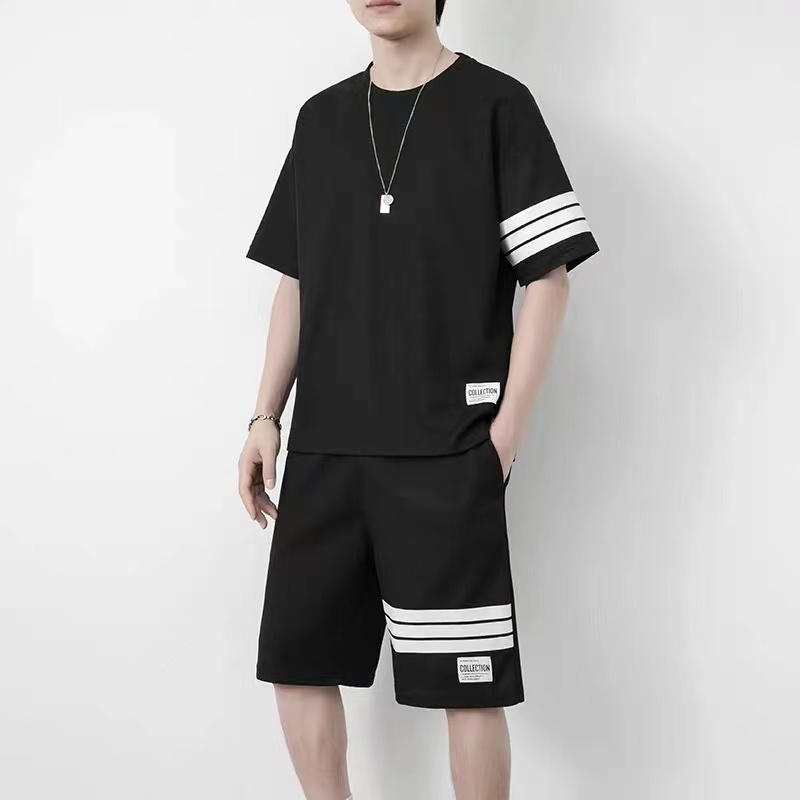 夏季潮牌华夫格短袖短裤套装男