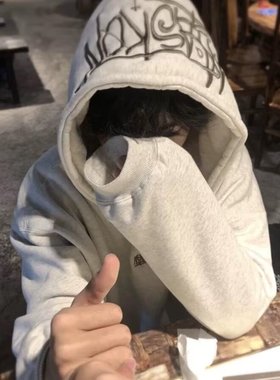 美式潮流白灰色连帽卫衣男女秋冬新款潮牌hiphop高街刺绣上衣外套