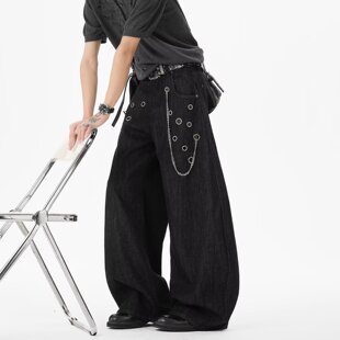美式高街圆环拼接牛仔阔腿裤男女夏季潮牌baggy廓形链条弯刀裤子