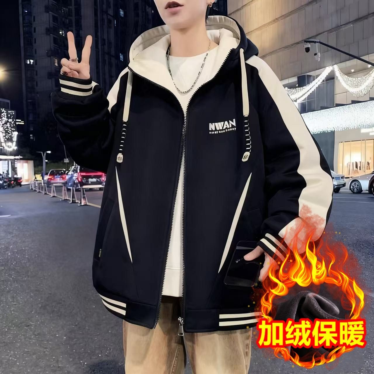 美式潮牌大码加绒开衫卫衣男