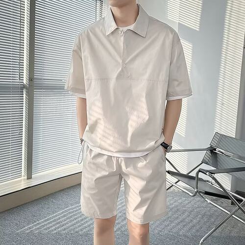 潮牌冰丝休闲短袖短裤套装男