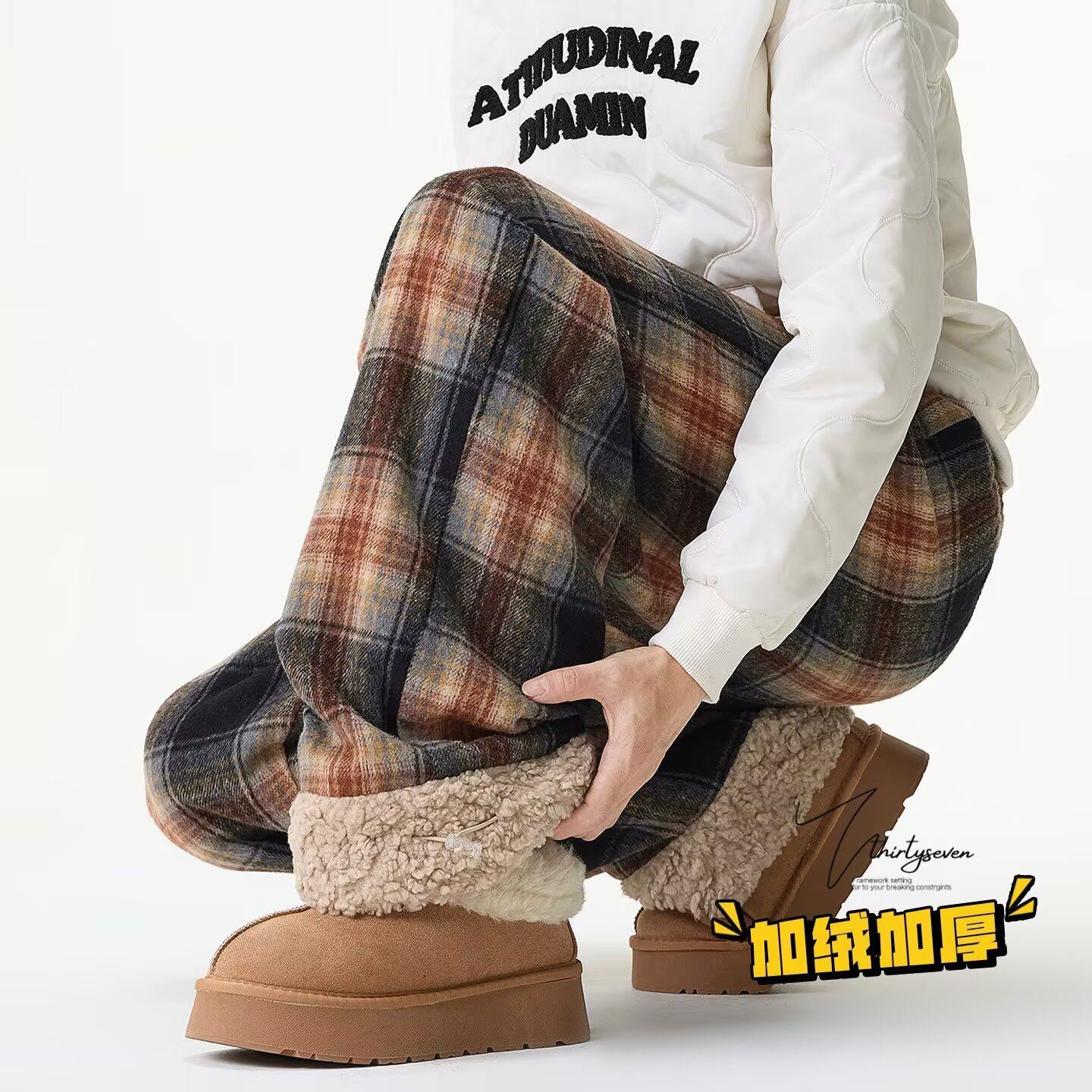 美式潮牌复古格子羊羔绒棉裤男女