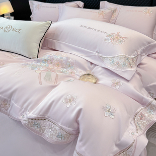 轻奢风纯棉床单四件套花卉刺绣被套贡缎长绒棉高级感新款床上用品