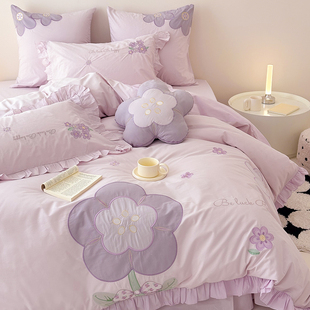 ins纯棉水洗棉四件套公主风全棉被套少女心儿童床单床笠床上用品4