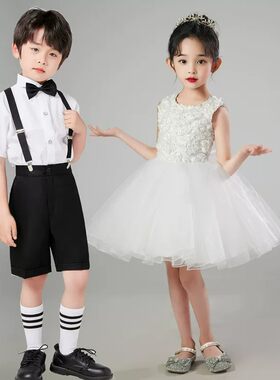 男女童白色公主蓬蓬纱裙表演出服