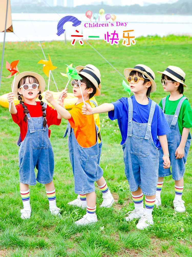 儿童开学季衣服男女童牛仔背带裤套装幼儿园小学生毕业拍照表演服