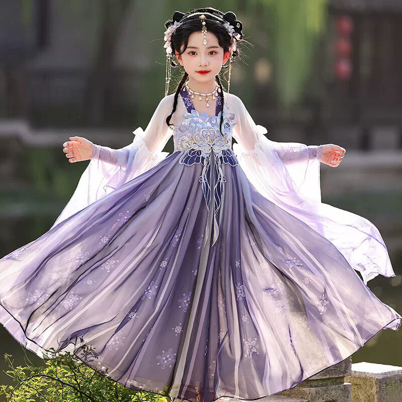 新款紫色女童古风刺绣汉服连衣裙