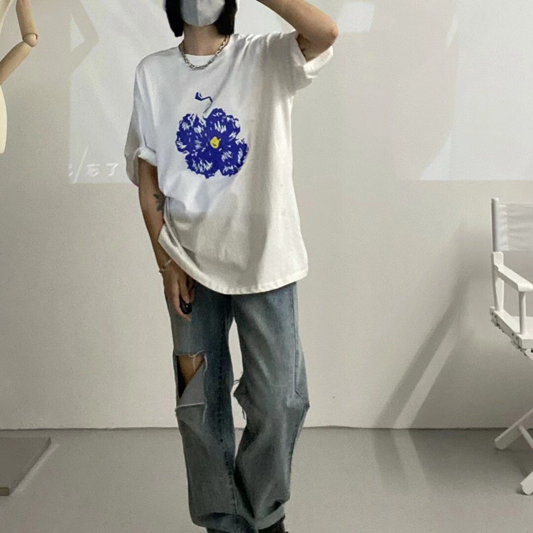 LBL韩版东大门蓝色小花印花洋气上衣ins风宽松t恤女短袖2024新款