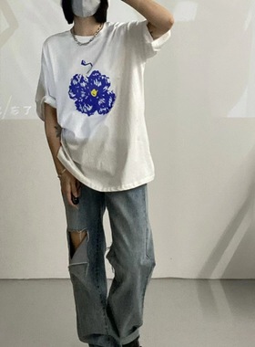 LBL韩版东大门蓝色小花印花洋气上衣ins风宽松t恤女短袖2024新款