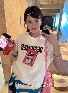 FISHYU 早春新款韩范复古洋气休闲购物篮字母印花宽松短袖t恤女潮