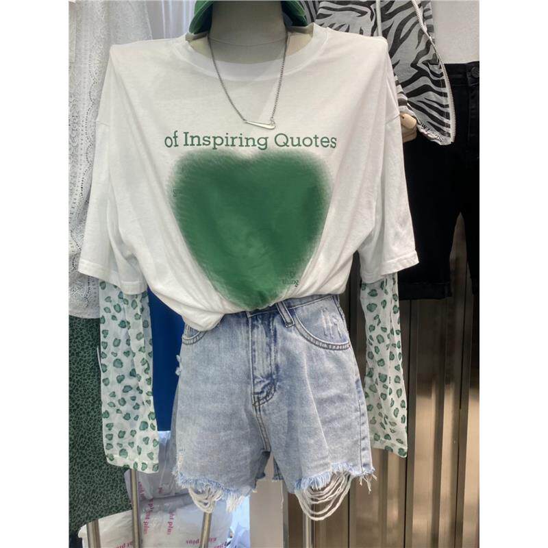 2025年新款小众设计感假两件防晒衣女长袖爱心字母印花黑色t恤女