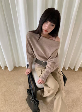 誉一 新款2025秋季韩范洋气斜肩针织衫女长袖软糯慵懒风毛衣女潮