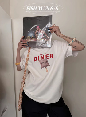 FISHYU夏季新款原宿风ins复古立体烫图宽松短袖休闲t恤女学生上衣