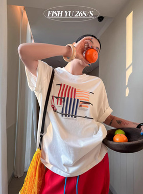 FISHYU夏季新款街头美式复古彩色毛巾印花宽松短袖t恤女ins风上衣