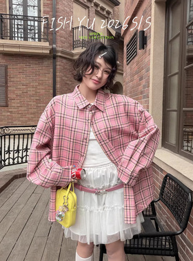 十三行FISHYU早春新款韩系复古格纹宽松水洗牛仔布宽松衬衫26087